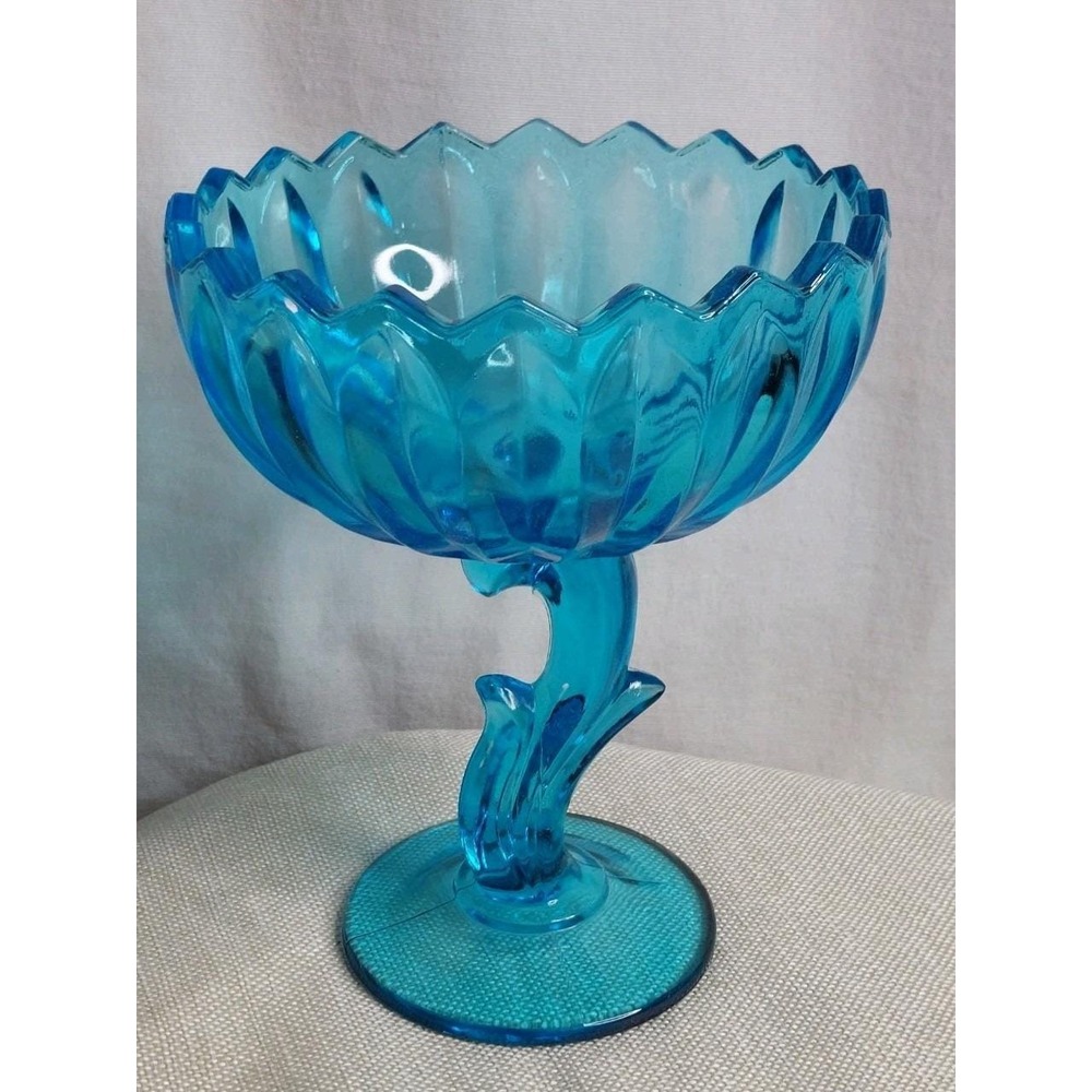 Vintage Indiana Glass Aqua Blue Lotus Pedestal Dish Compote Fairy Core Decor